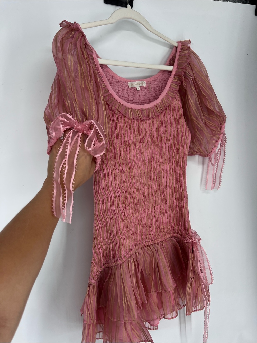 LoveShackFancy Violet Pink Silk Coquette Smocked Bow Puff Sleeve Mini Dress S - Picture 4 of 13